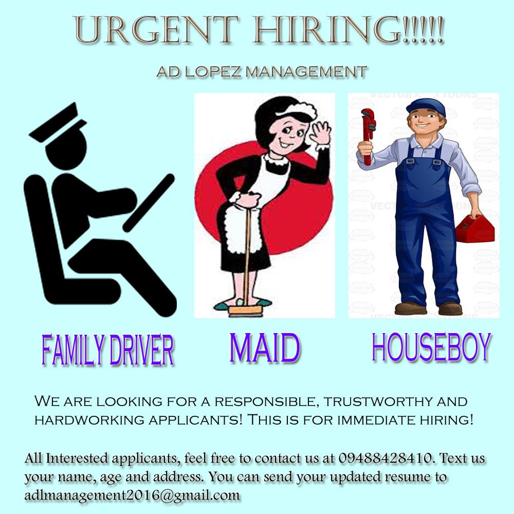 Immediate hiring for HOUSEBOY, ALL AROUND MAID and HOUSE COOK - Philippines  Buy and Sell Marketplace - PinoyDeal
